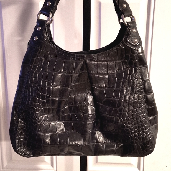 COACH Black Croc-Embossed Leather Maggie 2-Strap Purse Handbag EXC - Picture 7 of 14